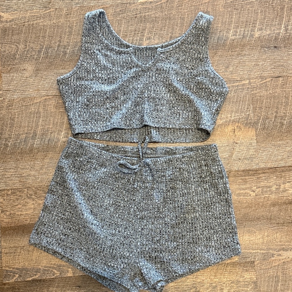 Gray Knit Crop Top and Shorts Set